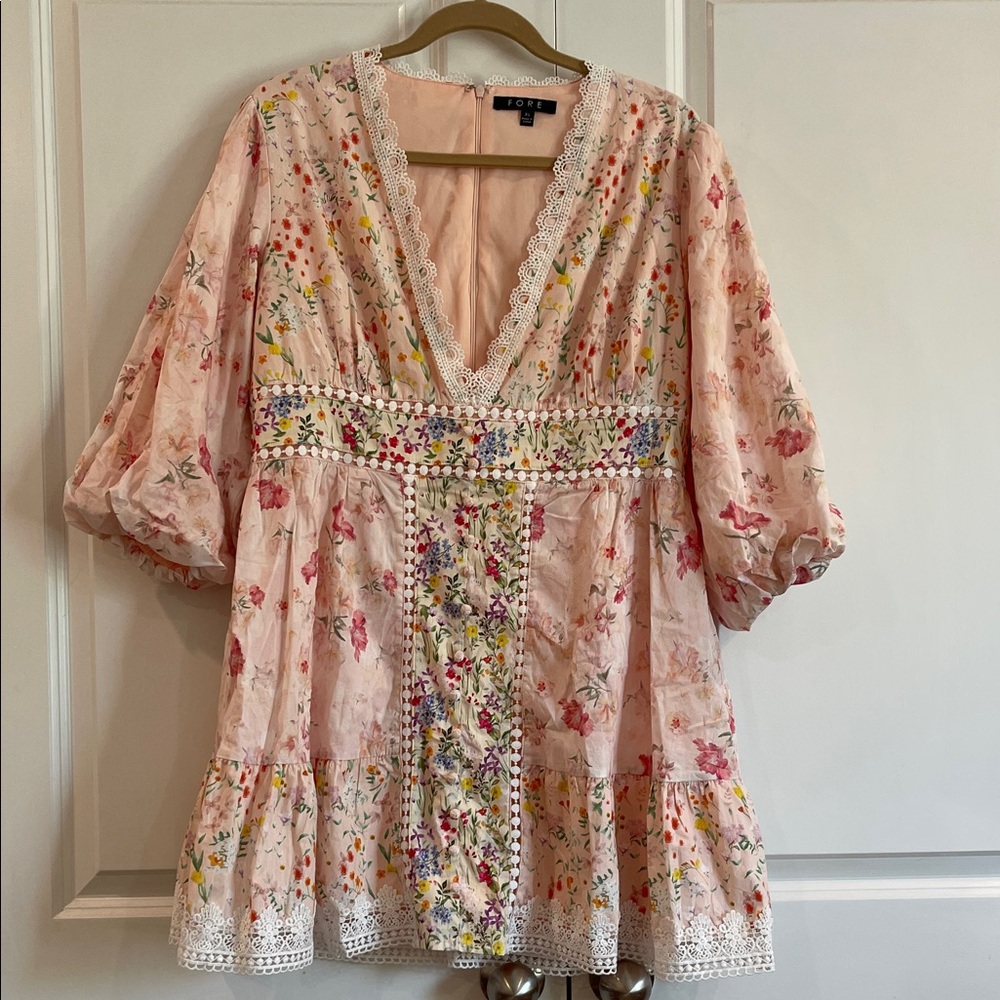 FORE Pink Floral Mini Dress with Lace Trim